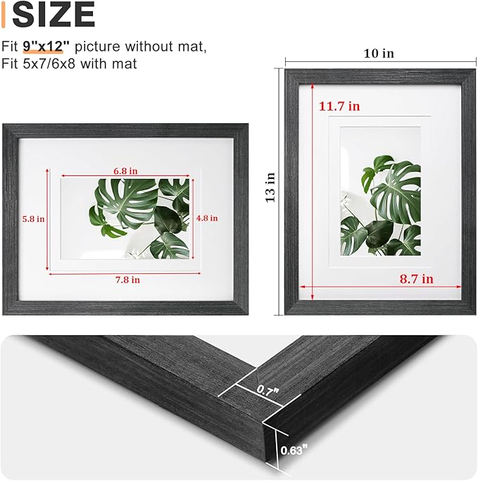 Egofine 9x12 Picture Frames Set of 4, Made of Solid Wood Covered by Plexiglass 5x7 and 6x8 with Mat or 9x12 without Mat, for Table Top Display and Wall Mounting Photo Frame Rustic Black