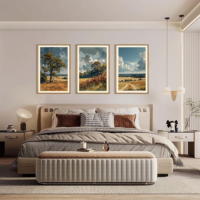 KAIRNE Framed Vintage Watercolor Landscape Wall Art Set of 3, Nature Country Scenery Art Prints, Rustic Farmhouse Wall Decor, Calming Pastoral Paintings for Living Room Bedroom Office, 16x24 Inch