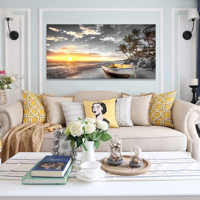 Beach Wall Art Canvas Prints Art Black and White Sunset Seascape Pictures Bedroom Decor Boat Tree Ocean Landscape Painting for Living Room Office Decoration Natural Scenery Artwork 24x48inches