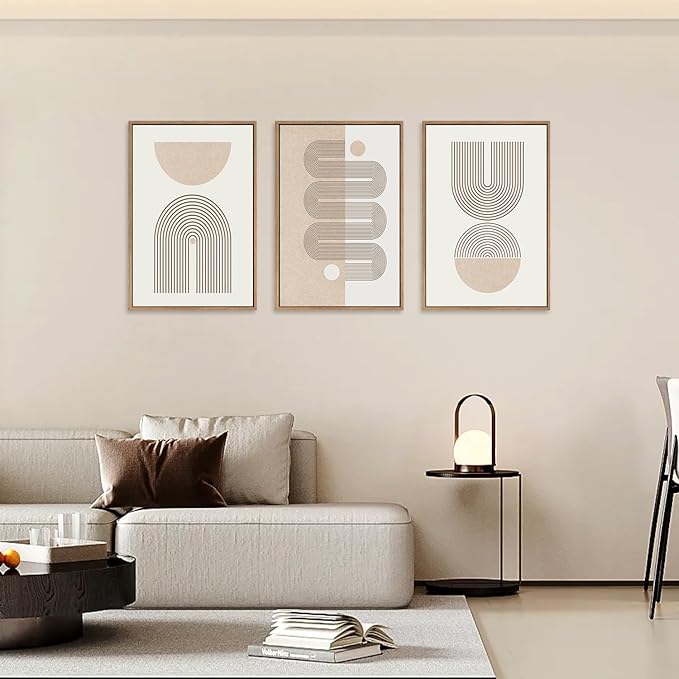 CHDITB Boho Framed Canvas Wall Art Set, Beige Bohemian Line Wall Decor, Mid-Century Modern Wall Painting, Abstract Neutral Geometric Art Print for Living Room, Bedroom, Office - 16"x24"x3