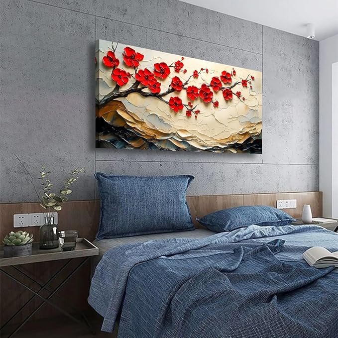 Tree of Life Pictures Canvas Wall Art for Living room Office Bedroom Red Flower Tree Wall Decor,Yellow Abstract Wall Art Print Paintings Modern Plum Blossom Mountain Artwork Ready to Hang-20x40inch