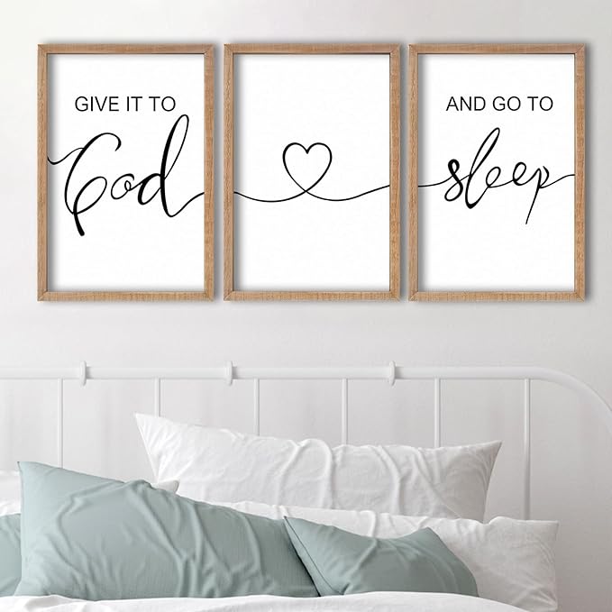 SRSZHIYUE Give It To God And Go to Sleep Set of 3 Wall Decor 16"x11" for Master Bedroom Above Bed Sign Guest Room Decoration (Wood)