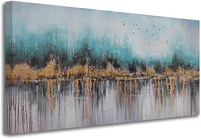 Ardemy Teal Abstract Canvas Wall Art for Living Room Landscape Painting Bedroom Turquoise Grey Panoramic Textured Picture Artwork Framed, Wall Art for Men Home Office Wall Decor Extra Large 58"x29"