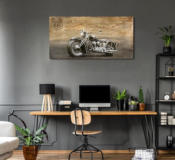 arteWOODS Vintage Motorcycle Canvas Wall Art - Historic Route 66 Retro Vehicle Pictures for Men Boys Bedroom Wall Decor Modern Motorcross Canvas Print Artwork Home Office Wall Decoration 20" x 40"