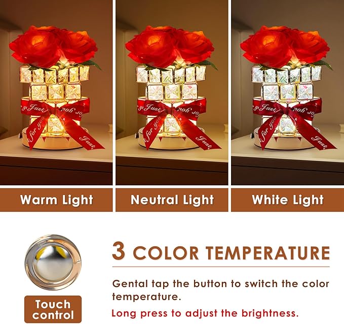 Rose Flower Table Lamp Gifts: for Women/Mother's Day/Mom/Grandma/Sister/Girlfriend, Battery Powered Small Night Light for Kitchen Bedroom Office Decor,Rechargeable Cordless Touch Crystal Lamp
