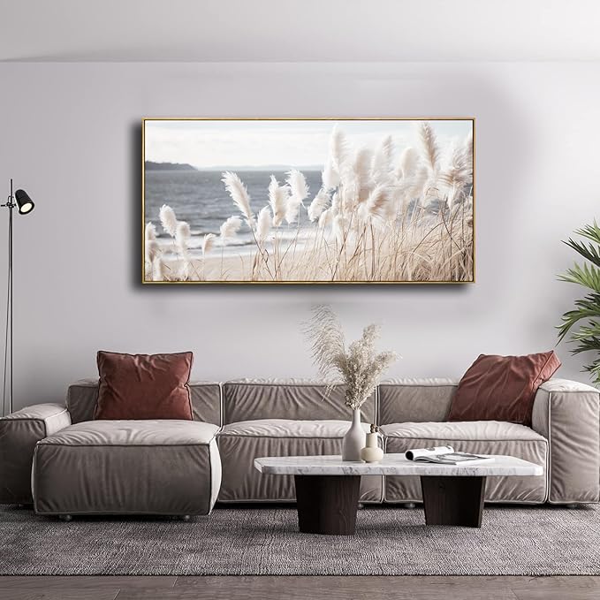 Framed Wall Art Artwork Decor Nature Canvas Painting ReedSeascape Wall Decor for Bedroom Living Room Decoration Home Kitchen Office 24" x 48"