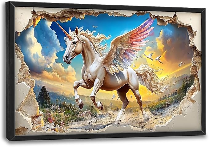 Framed Large Wall Art for Living Room, Unicorn Canvas Wall Decor, Large White Horse Pictures Framed Painting, Natural Landscape Artwork for Bedroom Office Home Decor 36L'' × 24W''