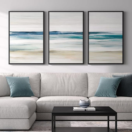 Framed Abstract Coastal Wall Art for Living Room, Large Blue Coastal Landscape Decor, 3 Piece Minimalist Beach Ocean Painting Artwork for Walls, Canvas Prints for Bedroom Hallway Wall Decor, 24x36 In