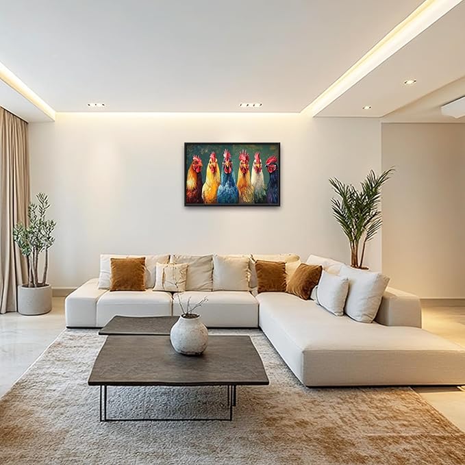 Olivine Rooster Large Wall Art, Farmhouse Rooster Pictures Wall Decor, Vintage Chicken Canvas Prints Painting, Framed Artwork for Dining Room Living Room Bedroom Bathroom Office Home Decor 36"x24"