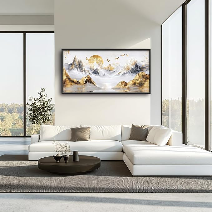 Extra Large Framed Abstract Mountain Wall Art,Golden Silver Sun Bird Wall Decor,Mountain Landscape Pictures for Living Room,Canvas Print Painting Modern Artwork Bedroom Office Bathroom 60L x30W