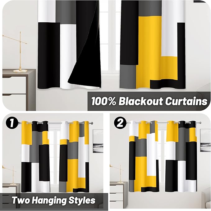 Yellow 100% Blackout Curtains 45 inch Length 2 Panels Set Black White Grey Modern Abstract Geometric Drapes for Kitchen Black Out Curtains Insulated Room Darkening Small Window Curtains, 42Wx45L