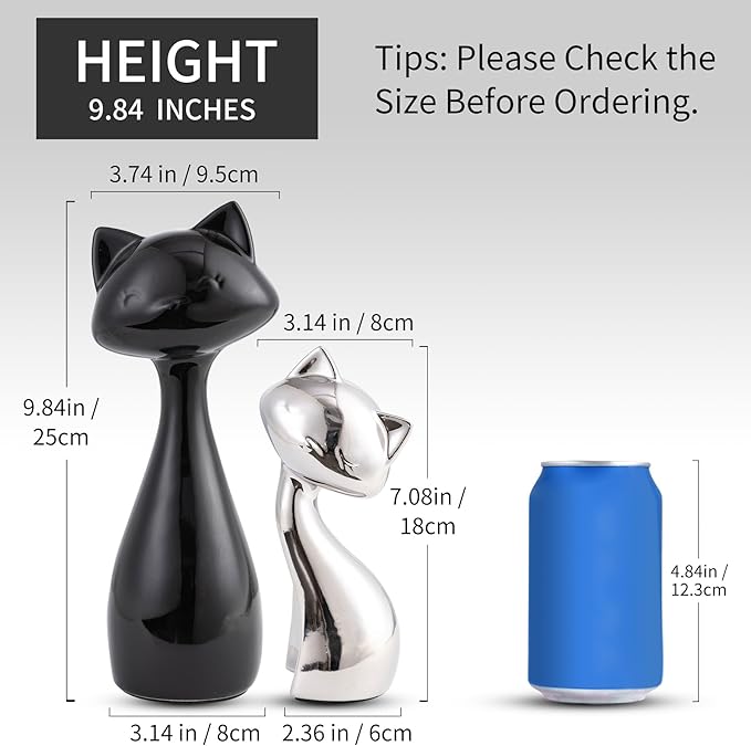 Ceramic Cat Statue Set, Black & Silver Cute Home Decor Figurines, Lucky Cats Desk Accessories for Cat Lovers, Memorial Cats Themed, Modern Collectible Decor for Bookshelf, Living Room