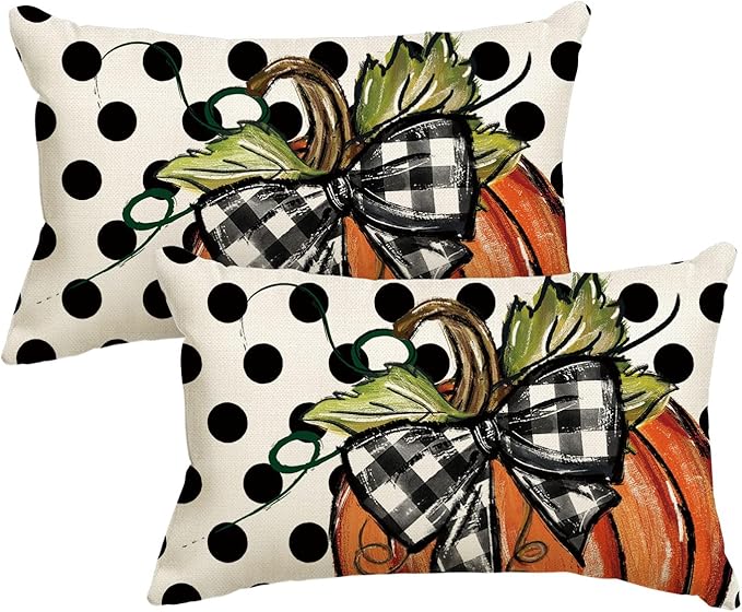 AVOIN colorlife Fall Polka Dot Pumpkin Throw Pillow Covers 12x20 Inch, Seasonal Autumn Thanksgiving Harvest Decoration for Home Sofa Couch Set of 2