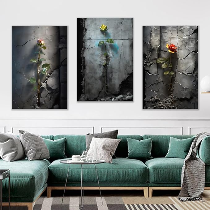 3 Pieces Large Size Poster Canvas Wall Art Inspirational Roses Grow in The Cracks of The Wall Vintage Theme Painting Artwork for Living Room Office Gallery Hotel Stretched and Framed [72''W x 36''H]