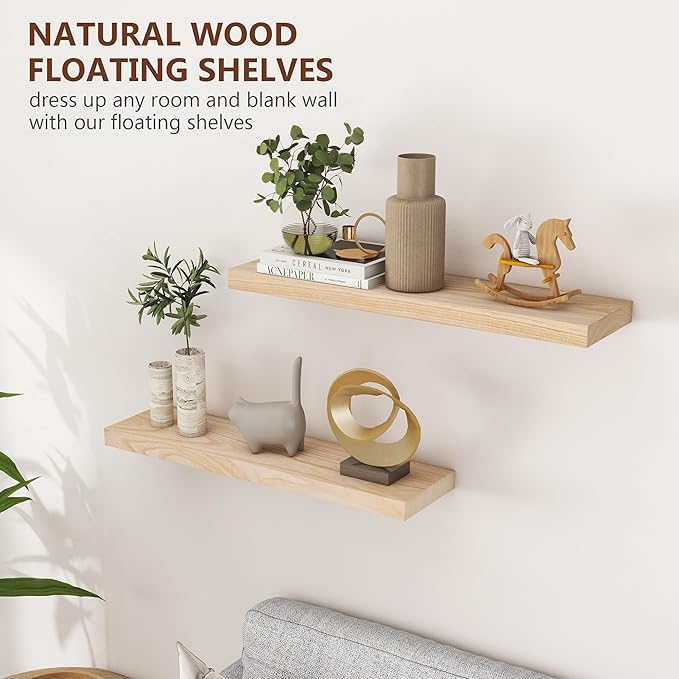 fuqing Natural Wood Floating Shelves for Wall, 30 Inch Wood Floating Shelves Set of 2, Natural Wooden Wall Shelves for Living Room Bedroom Home Office - Natural