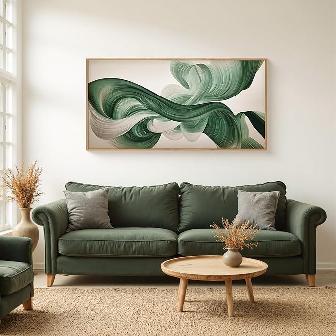 KAIRNE Green Abstract Neutral Wall Art Set, Minimalist Green Lines Wall Decor, Modern Flowing Texture Painting for Living Room, Bedroom, Office, Framed Easy to Hang 20x40 Inches