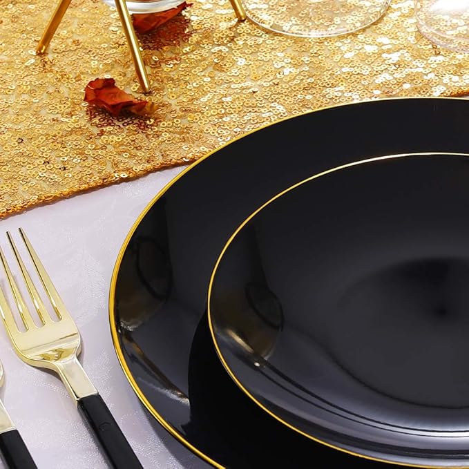 Nervure 100PCS Black and Gold Plastic Plates - 10.25 inch Black Disposable Plates - Gold Rim Dinner Plate - Black Dinner Plate Ideal for Wedding & Party & Halloween
