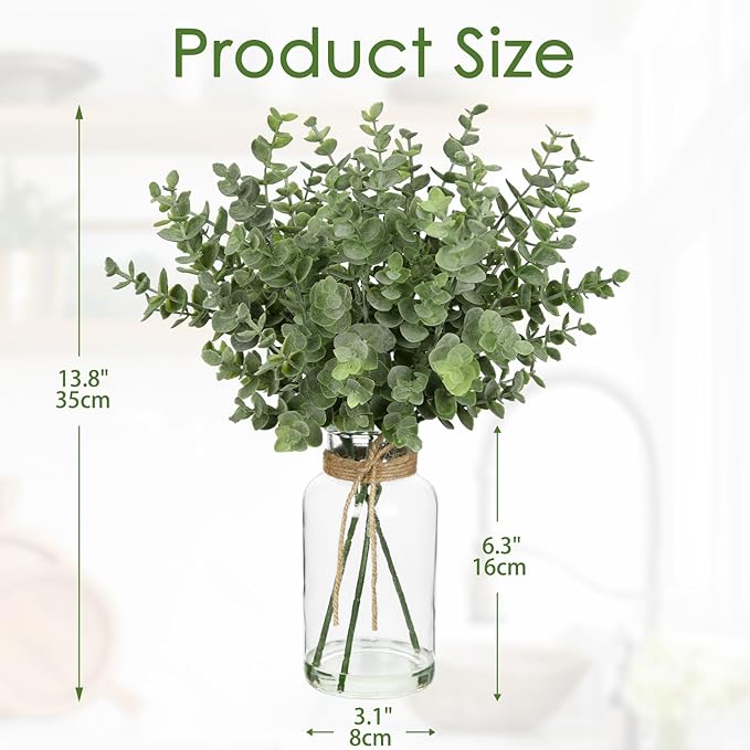Briful Artificial Eucalyptus Stems in Clear Glass Vase with Faux Water, 14" Fake Plant Eucalyptus Leaves for Home Farmhouse Wedding Bathrooom Decor