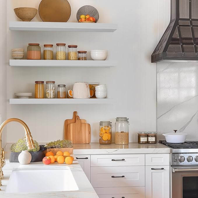 BAYKA White Floating Shelves for Wall, 36 inches Wall Mounted Rustic Wood Shelves for Bathroom, Bedroom, Living Room, for Books/Storage/Decor（Set of 3）