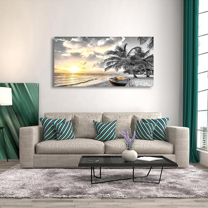 Black and White Beach Pictures Canvas Wall Art for Living room Bedroom Wall Decor,Seascape Wall Art Print Paitnings for home Decor,Morden Artwork Sunset Canvas Art Waterproof Stretched Ready to