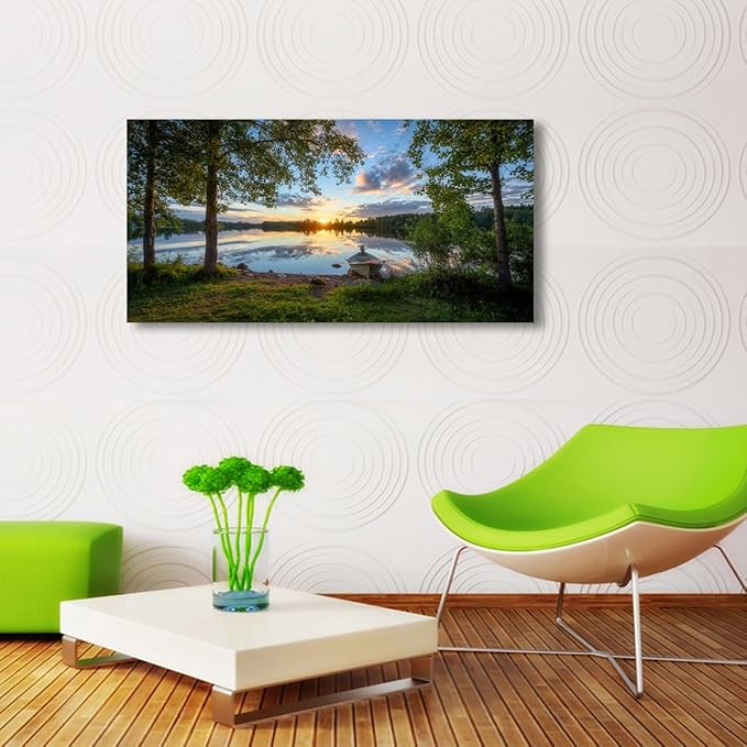 Tree Canvas Wall Art of a Sunrise Over a Forest Lake 24x48inches Nature Inspired Painting Perfect for Wall Decoration in Living Room and Bedroom Trees and Landscape Picture Artwork Prints