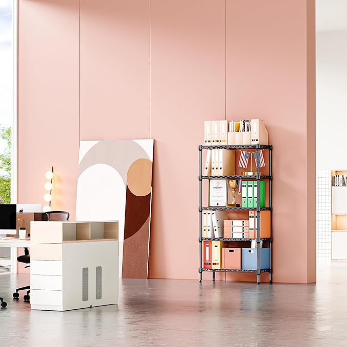 IZEUK 5 Tier Black Metal Storage Shelves, Heavy Duty Wire Shelving Rack for Garage, Kitchen, Bathroom, Laundry, Closet Organizer, 1250 lbs Capacity, 11.8" D x 29.5" W x 59.5" H