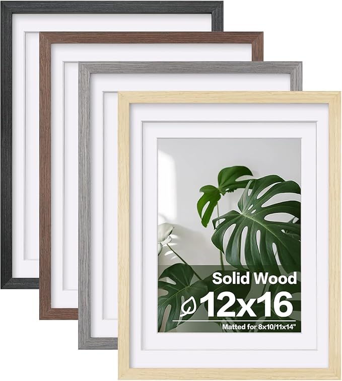 Egofine 12x16 Picture Frame Set of 4, Made of Solid Wood Multicolor Photo Frame Covered by Plexiglass 9x12 and 11x14 with Mat or 12x16 without Mat, for Wall Mounting Mixed Colors