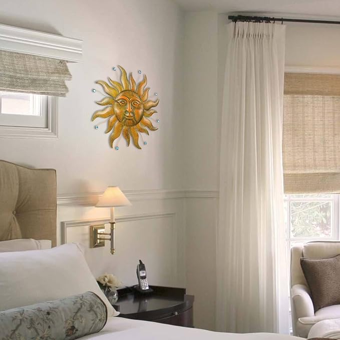 Sun Metal Wall Art, 3D Sun Face Large Wall Art for Living Room, Retro Gold Wall Hanging Decor, Brass Wall Sculptures with Blue Bead, 27 Inches Wall Decor for Garden Yard Patio Home