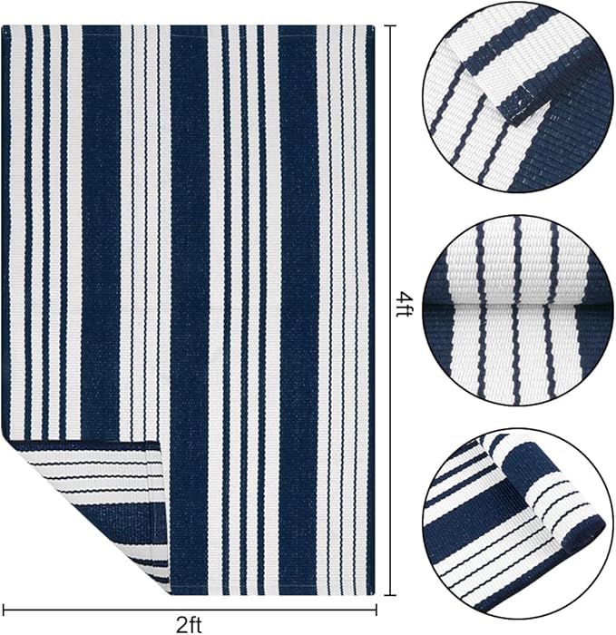 OJIA Entryway Rug 24''x51'', Machine Washable Fall Front Door Mat Cotton Woven Blue and White Outdoor Rugs Porch Rug Striped Kitchen Runner Indoor Door Mat for Farmhouse/Entry/Home Entrance