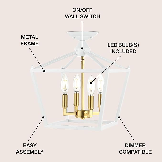 JONATHAN Y JYL7610F Plains Mini Lantern 12" 4-Light Iron Modern Farmhouse LED Flush Mount, Office, Living Room, Family Room, Dining Room, Bedroom, Hallway, Foyer, White/Brass Gold