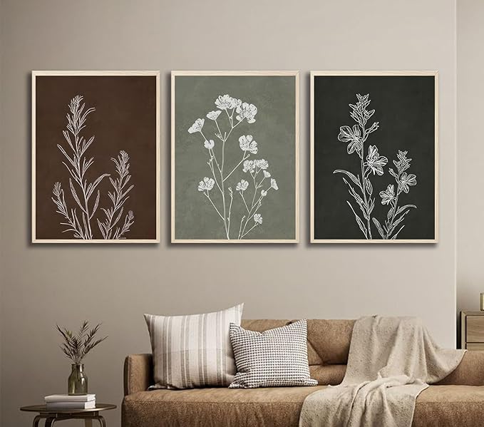 3Pcs Framed Botanical Canvas Wall Art Gallery Wrap Prints Minimalist Floral Posters Modern Botanical Artwork for Living Room Bedroom Bathroom Office Decor 12x16 Inch