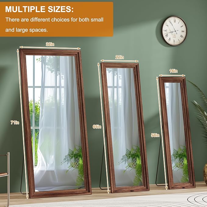 Full Length Mirror,65x22 Inch Full Length Mirror Wall Mounted,Vertical Hanging,Leaning Standing for Bedroom,Living Room,Rectangular Wooden Frame,Wood Brown Color.