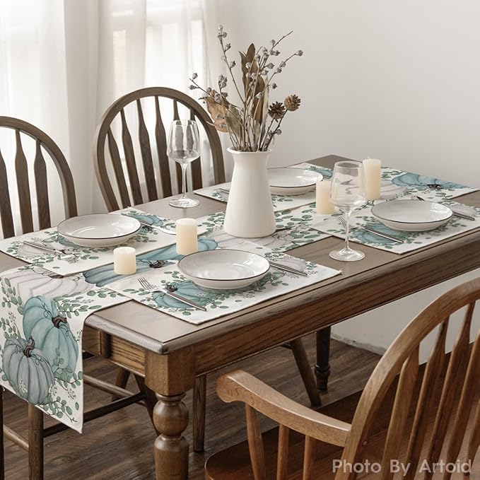 Artoid Mode Pumpkins Eucalyptus Leaves Fall Placemats Set of 4, 12x18 Inch Autumn Thanksgiving Holiday Table Mats for Party Kitchen Dining Decoration