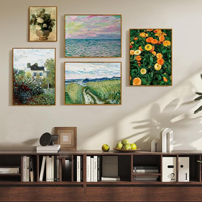 crmotu Vintage Framed Wall Art, Flower Market Aesthetic Art Prints, Botanical Floral Canvas Pictures, Daisy Nature Wall Decor Oil Paintings, Retro Bedroom Kitchen Office Desktop Small Artwork 8x10in