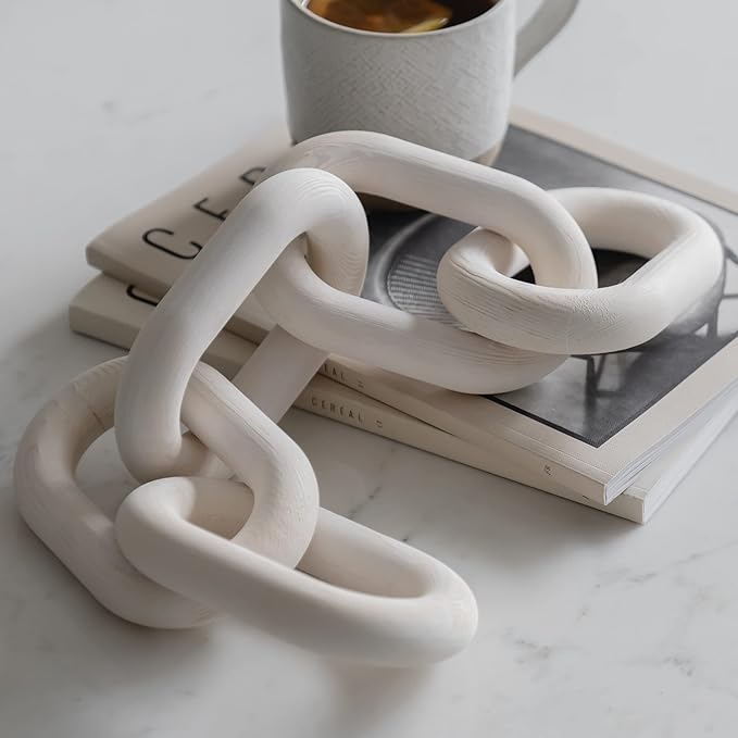 Wood Chain Link Decor - White Wooden Decorative Objects for Shelves, Coffee Table Sculpture, Book Shelf Accessories, Modern Shelf Decor Accents, Console or Entryway Table Decorations