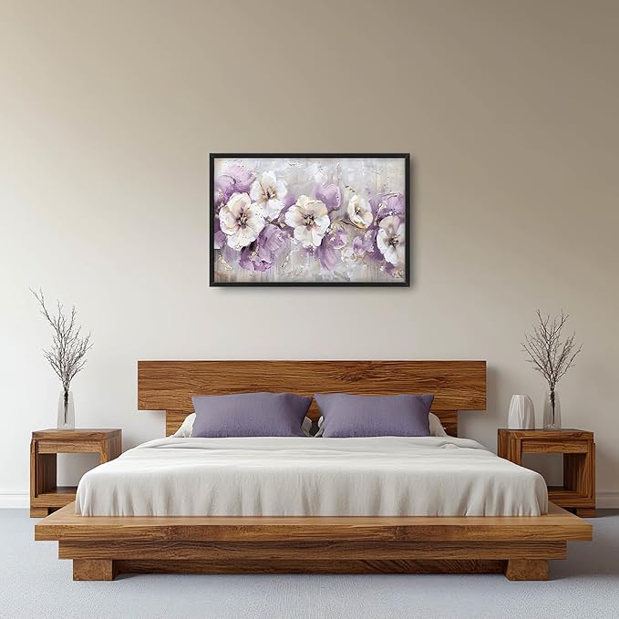 Large Wall Art for Living Room Framed, Purple Flower Wall Decor Pictures, Abstract Floral Canvas Print Painting, Aesthetic Artwork Bedroom Office Home Decor 36"x24"