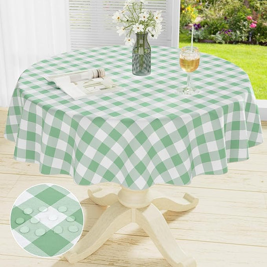misaya Round Waterproof Vinyl Table Cloth, Buffalo Flannel Backed Tablecloth, Wipeable Plastic Table Cover for Dinner, Kitchen, Picnic (60", Sage Green and White)