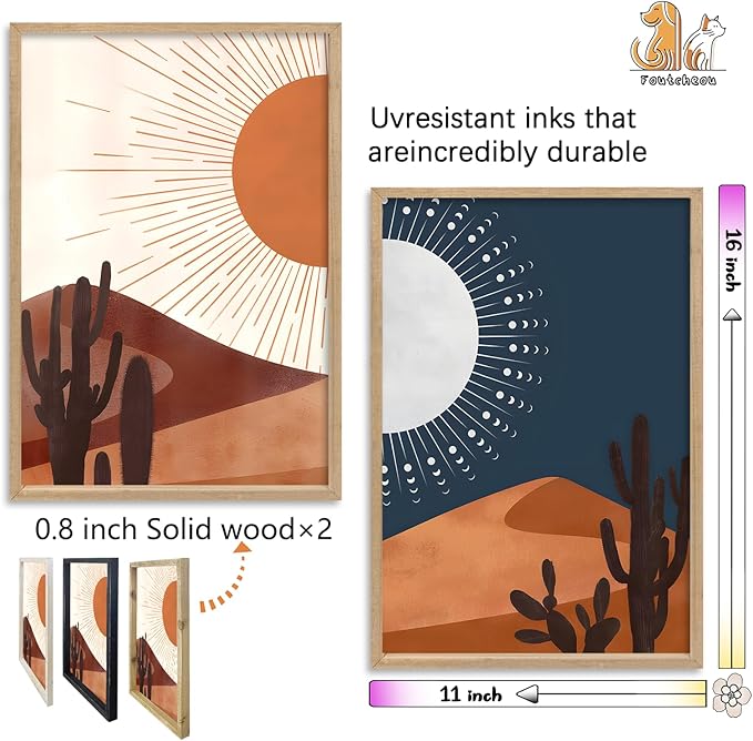 Sun and Moon Cactus Desert Landscape Wall Art Decor 16"x11" Modren Farmhouse Living Room Set of 2 Botanical Prints Wooden Framed Bedroom Boho Multicolor Minimal Wall Hanging Sign (Wood)