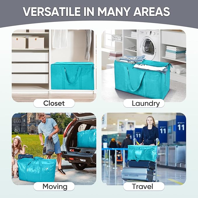 TICONN 6 Pack Extra Large Moving Bags with Zippers & Carrying Handles, Heavy-Duty Storage Tote Moving Boxes for Space Saving (6 Pack, Aqua)