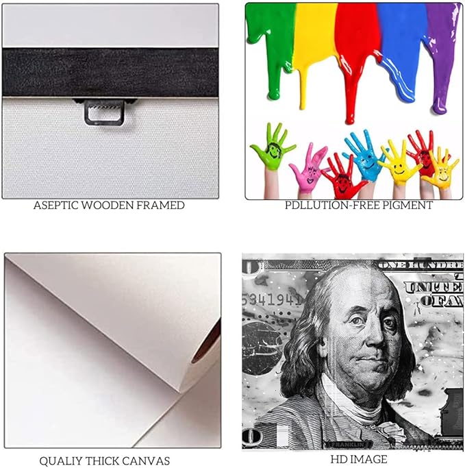 Black and White Graffiti Dollar Wall Canvas Painting Picture Artwork for Home Walls Large 100 Bill Giclee Canvas Wall Picture Creative Money Art Print Positive Modern Home Decor Easy to Hang-40"Wx20"H