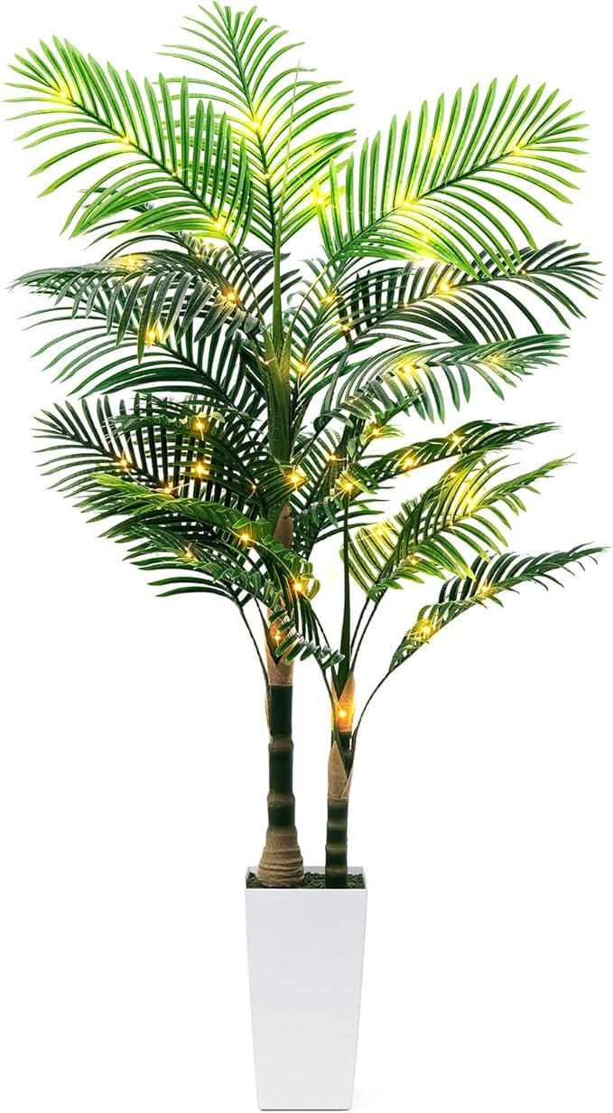 6ft Artificial Golden Cane Palm Tree with LED Fairy Lights & White Tall Planter - Lifelike Faux Tropical Palm Plant with Realistic Trunk and Palm Leaves for Home Office Living Room Corner Decor
