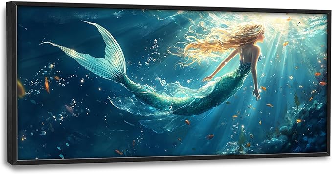 Framed Large Wall Art for Living Room, Beach Mermaid Canvas Wall Decor, Large Ocean Picture Framed Painting, Modern Artwork for Bedroom Office 60L'' × 30W''