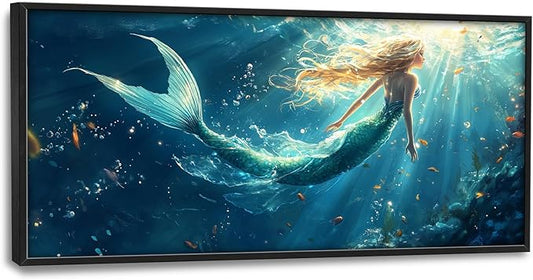 Framed Large Wall Art for Living Room, Beach Mermaid Canvas Wall Decor, Large Ocean Picture Framed Painting, Modern Artwork for Bedroom Office 60L'' × 30W''