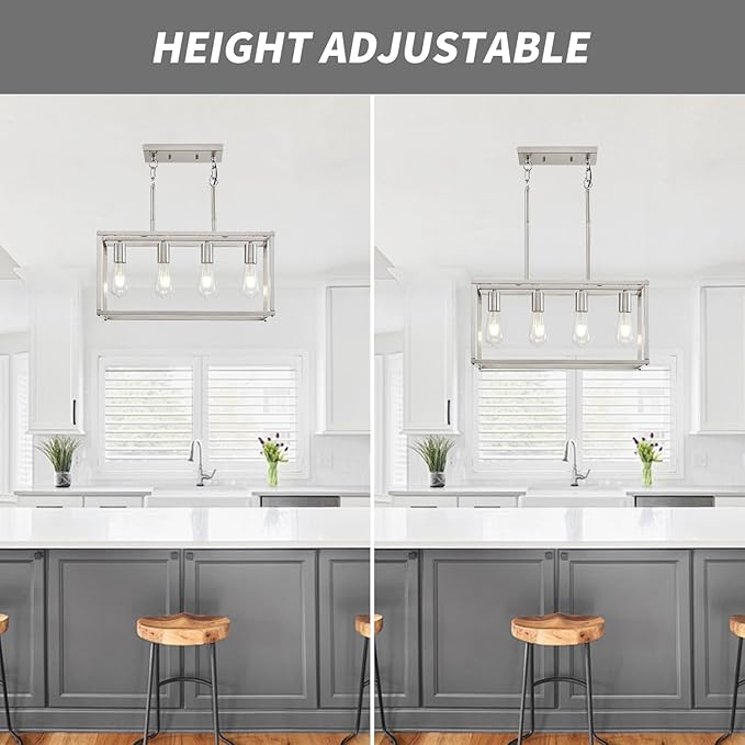 4-Light Dining Room Light Fixture Farmhouse Chandelier Brushed Nickel Modern Kitchen Island Pendant Lights Rectangular Hanging Lights Adjustable Height Metal E26 Base