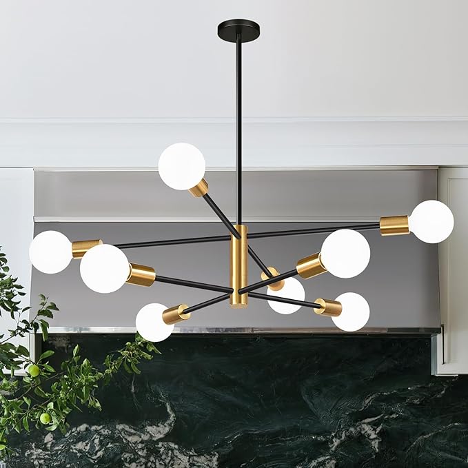 Sputnik Chandeliers Dining Room Light Fixture (8-Light, 30-Inch), Modern Gold and Black Chandelier, Height Adjustable Mid Century Modern Chandeliers for Dining Room Kitchen Island
