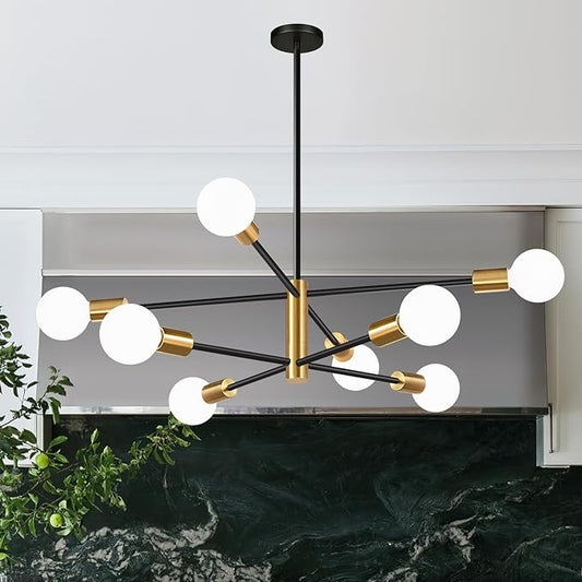 Sputnik Chandeliers Dining Room Light Fixture (8-Light, 30-Inch), Modern Gold and Black Chandelier, Height Adjustable Mid Century Modern Chandeliers for Dining Room Kitchen Island