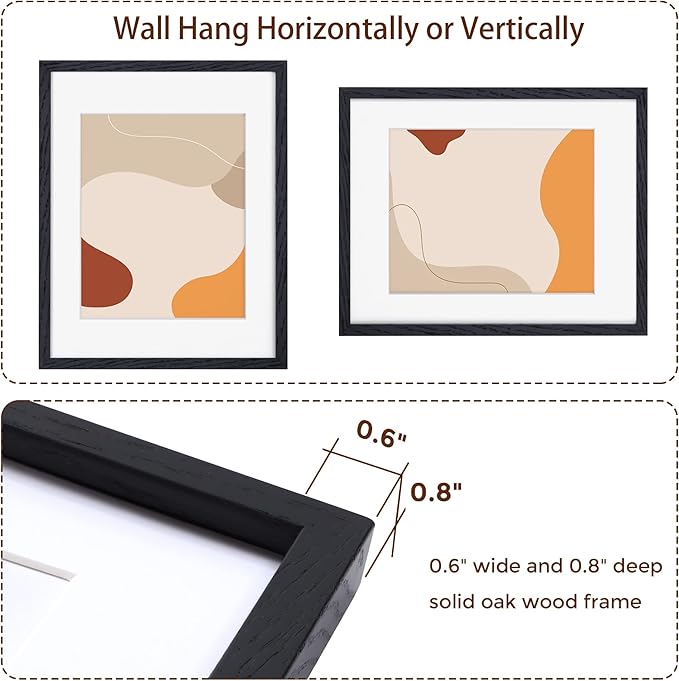 Black Picture Frames 11x14 Set of 3, Light Wood 11 x 14 Frames for Wall, Solid Oak Wood Frame 11 by 14 with Tempered Glass, 11x14 Frame with Mat for 8x10, Black 11x14 Poster Frames