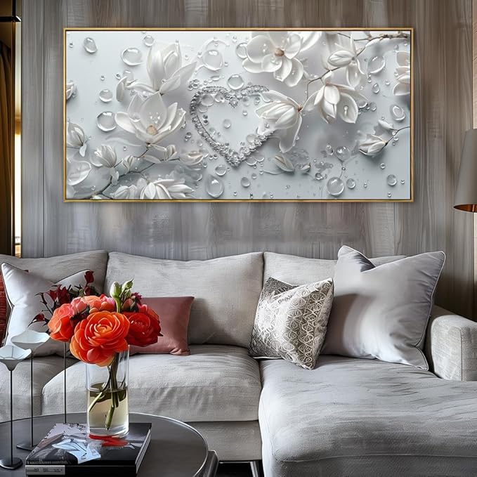Wall Art Modern Flowers Artwork Love Heart Wall Decor White Canvas Prints for Living Room Bedroom Dining Room Home Office Decor Large Framed Ready to Hang 24"x48"