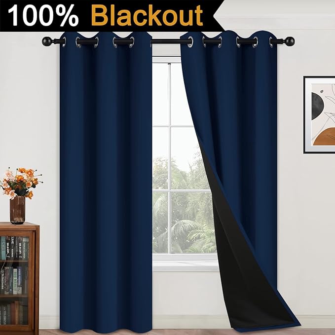 Yakamok 84 Inch Length 100% Blackout Window Curtain Panels, Full Light Blocking Drapes with Black Liner Thermal Insulated Drapes for Bedroom (42Wx84L,Navy Blue, 2 Panels)