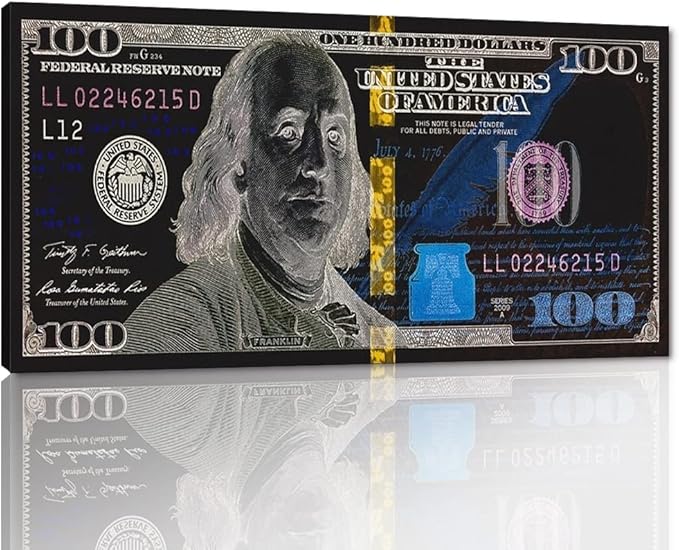 Large Size 1 Big Pcs Benjamin Franjlin 100 Dollar Canvas Wall Art Creative Motivational USD Money Artwork Office Home Decor for Walls Inspirational Gift for Men Gallery Wrapped Ready to Hang-48"Wx24"H